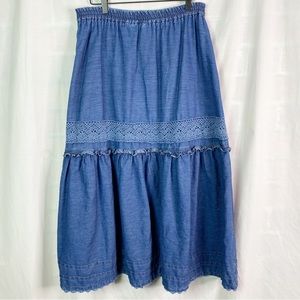 Vintage 90s Denim Boho Southwest Skirt Crochet Lace Ruffle Trim Med